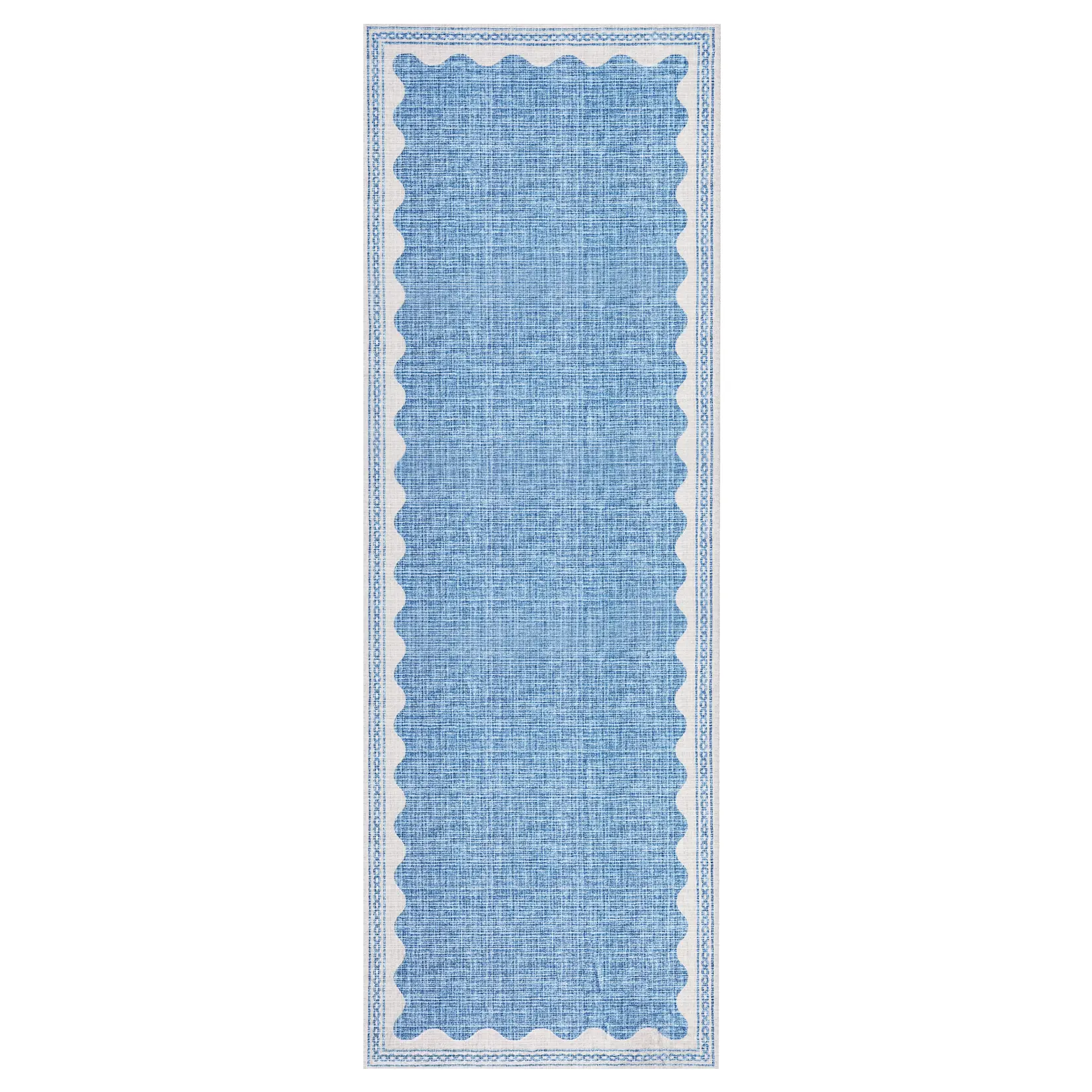 2 x 6 ft Low Pile Polyester Blue Rectangular Scalloped Modern Runner Rug, Machine Washable for Indoor Laundry & Bathroom Use, Low Pile Rugs