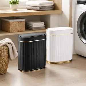 Compact Touchless Trash Can, Slim Motion Sensor Bathroom Bin with Lid and White Gold Trim, Automatic Wastebasket for Kitchen, Office, Bedroom and Toilet