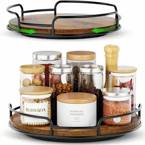 2 Pack Lazy Susan Organizer For Table Top Rotating Spice Rack Organization 10" + 9" Wood Lazy Susan Turntable Organizer For Cabinet Kitchen Pantry Countertop Bathroom Vanity Set Decorative Installation Pad Smooth Wooden Brown