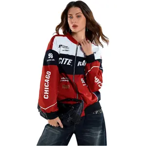 Women's Racing Jacket Race Car Driver Bomber Jackets Color Block Y2k Outerwear Vintage Streetwear