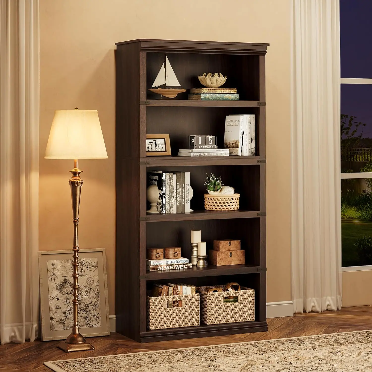 5-Tier Farmhouse Wooden Bookcase, 67.4 in Tall Storage Shelf for Living Room, Home Office - Cherry Books Furniture