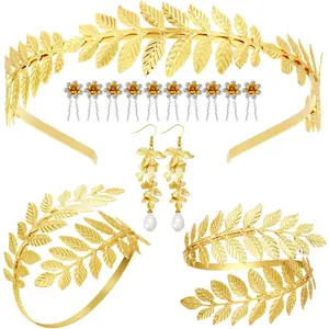 15 Pieces Greek Goddess Costume Accessories Women Toga Golden Leaves Bridal Crown Headband Bracelet Pearl Earrings and Hair Pins