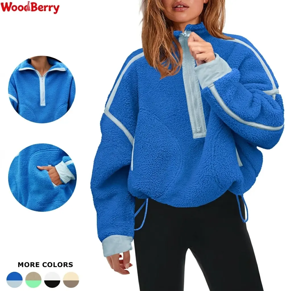 WoodBerry Women's Casual Half Zip Teddy Fleece Pullover, Minimalist Collared Loose-Fitting Sweatshirt with Pockets, Party, Polyester, Athletic, Basics
