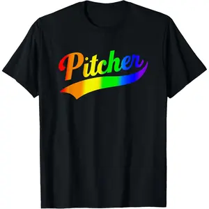 Men's Pure Cotton Round Neck Short Sleeve Casual Fitness Natural Graphic T-Shirt - Funny Pitcher Rainbow Gay Pride Design, Menswear Top Gift for Men