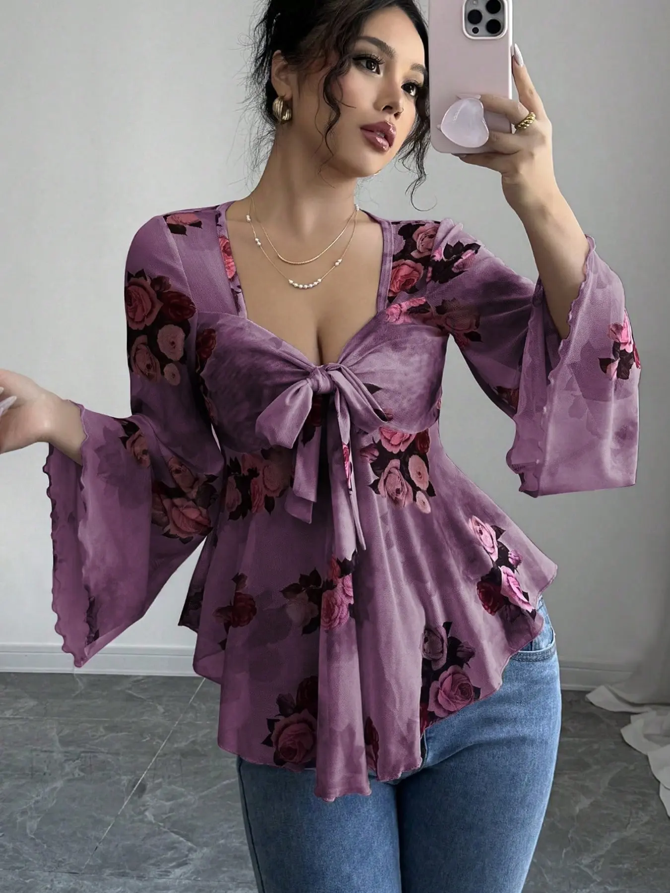 Romantic Lavender Floral Mesh Lightweight Women Boho Tie Top | Aesthetic Rose Print Tie-Front Blouse Shirts with Boho Flounce Sleeve Long Sleeve Flare Bell Sleeves Elegance