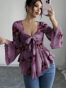 Romantic Lavender Floral Mesh Lightweight Women Top | Aesthetic Rose Print Tie-Front Blouse Shirts with Flare Bell Sleeves