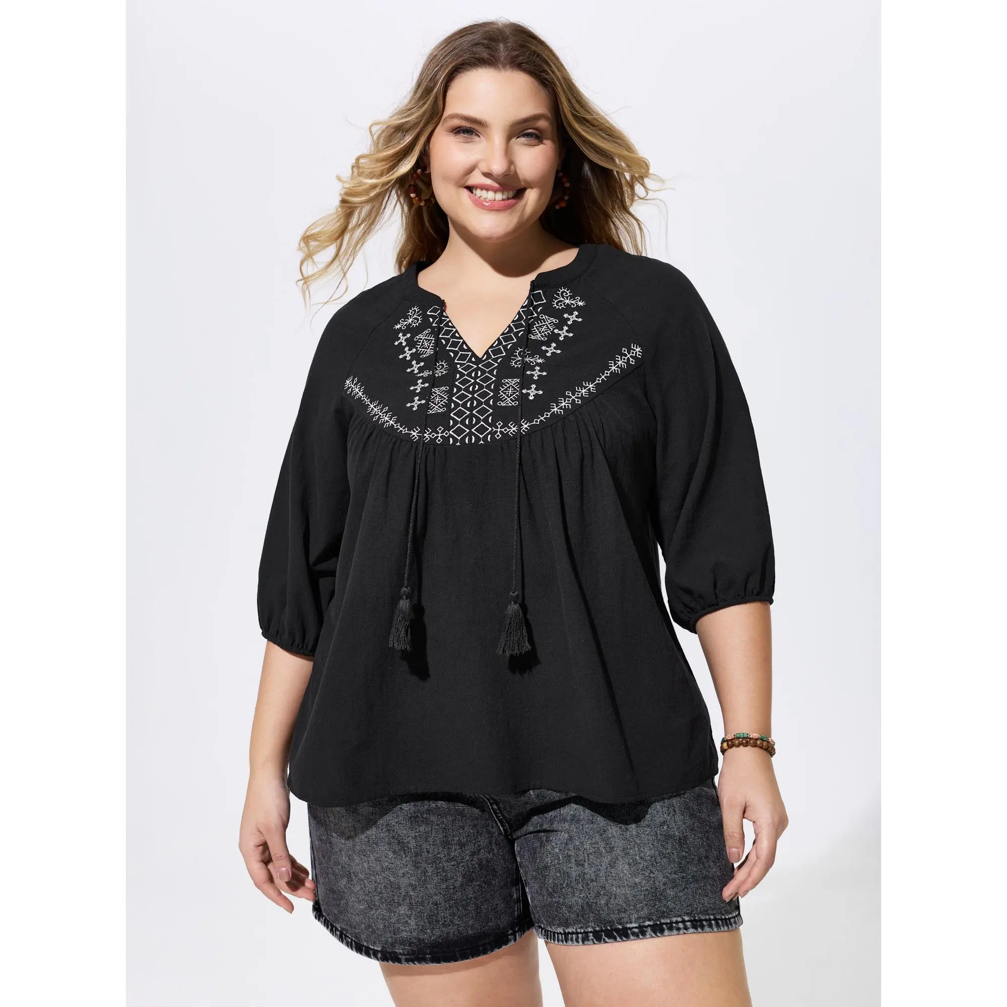 BloomChic Plus Size Boho Blouse, 100% Cotton with Ethnic Floral Embroidery, Tassel Tie-Neck and Simple Breathable 3/4 Raglan Sleeves, Smooth, Spandex, Garment, Lady, Shirts, Everyday, Fabric, Ready To Wear, Casual, Trendy Blouses, Style Inspo, Modest Fash