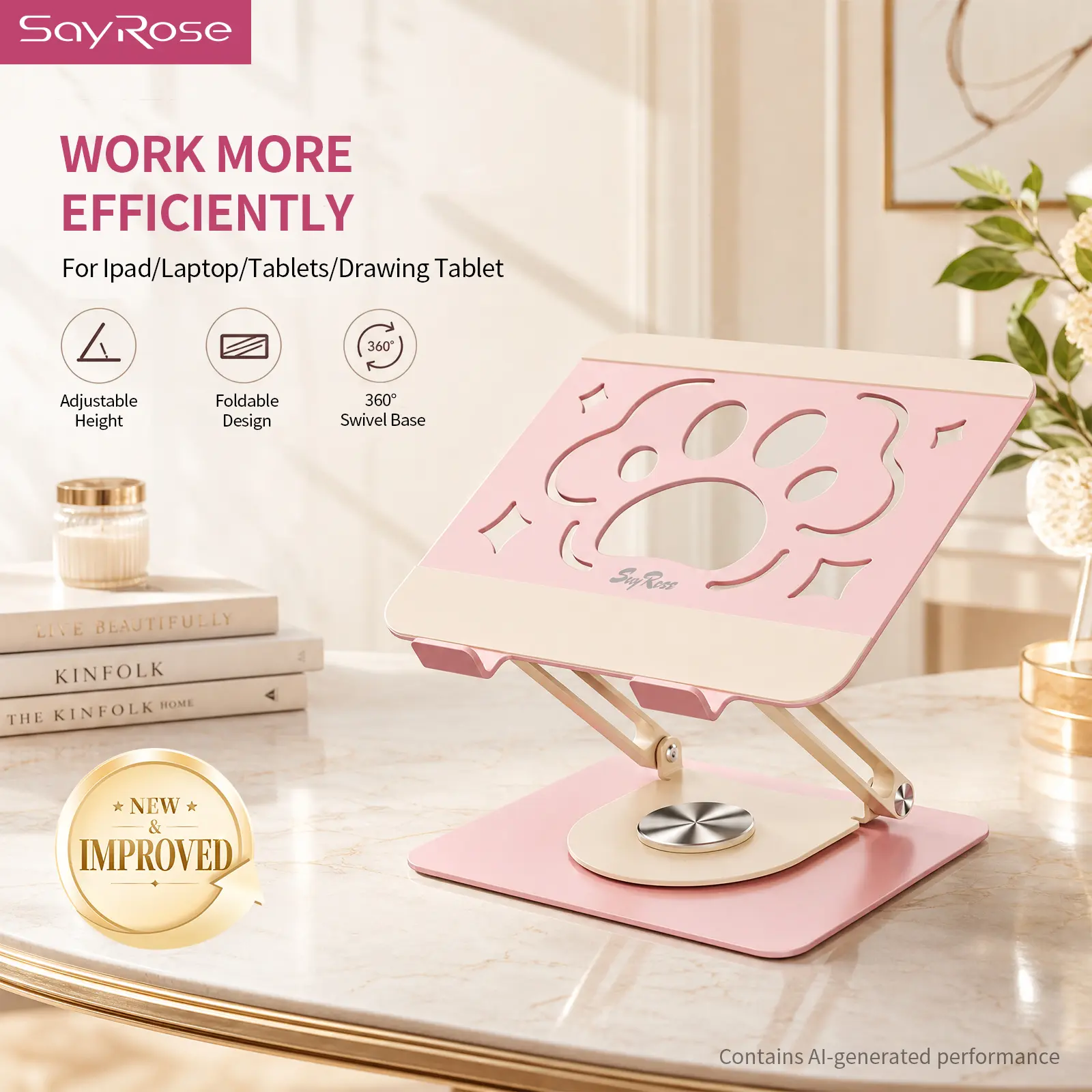 SayRose 360° Rotating Laptop Stand, Adjustable Foldable Aluminum Laptop Stand, 2-in-1 Multifunctional Laptop & Mobile Stand for Gaming Laptop, MacBook, iPad, Tablet, Pink
