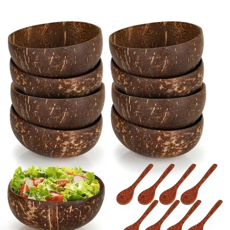 | 8 Pack Coconut Bowls and Wooden Spoon Sets Elevate your dining experience with this 8-pack of 15 Oz Polished Coconut Shell Bowls. Perfect for salads, smoothies, and fruits, these bowls offer a natural, eco-friendly choice.