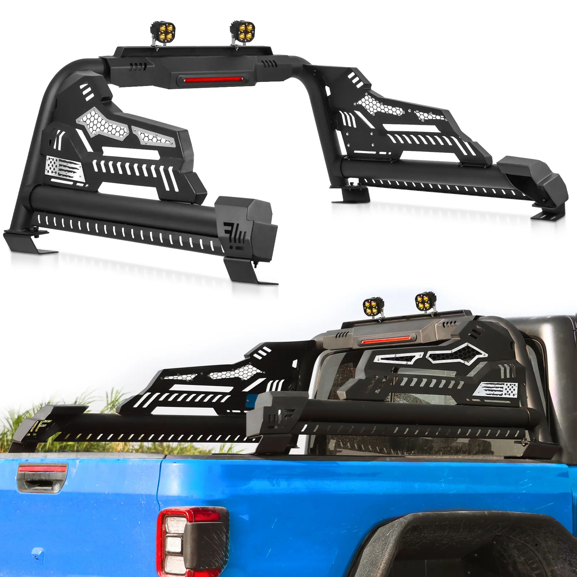 MONOKING Adjustable Truck Bed Roll Bar for Tacoma, Gladiator JT, Tundra, Frontier, Canyon, Colorado and Ranger, Brake Light, Tonneau Compatible