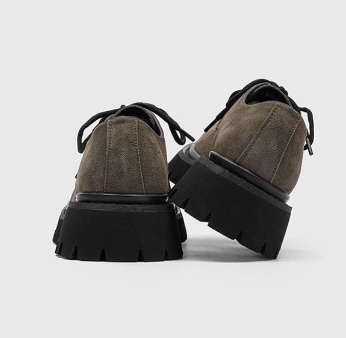 Cheat Code Height Boost: Burgundy Suede Platform Derby Shoes