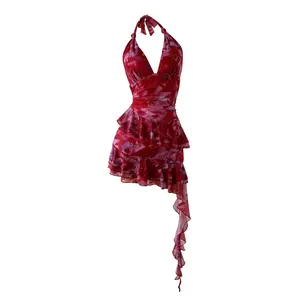 Y2k Mesh Mini Dress Floral Halter Backless Fairy Dress Ruffle Going Out Dress Wedding Guest Dress