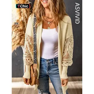 Women's Contrast Lace Hollow Out Sheer Cardigan, Casual Long Sleeve Open Front Knitwear for Spring & Fall, Fashion Women's Knit Clothing for Daily Wear