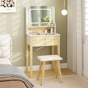 COSTWAY - Small Vanity Desk Set with Adjustable LED Lighted Mirror and Power Outlets-White