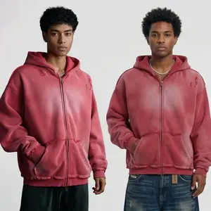 Vintage Washed Zip Up Hoodie Heavyweight 400G Oversized Faded Hoodie Y2K Streetwear Full Zip Jacket