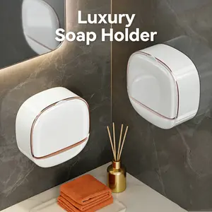 Luxury Soap Holder with Drain Tray, Waterproof Soap Dish Holder, Waterproof Soap Dish Bar for Shower, Wall Mounted Soap Holder, Wall Mounted Drain Soap Box with Flip Lid for Bathroo (White&Green)