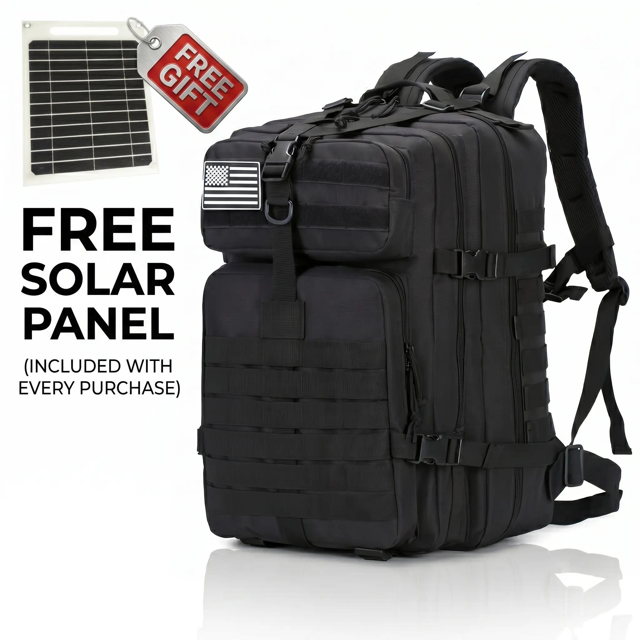 11.89Gal/45L outdoor large capacity high-quality wear-resistant sports tactical storage backpack+solar charging panel (USB+Type-C), survival multifunctional system bag, suitable for outdoor camping, hiking backpack, with American flag patch Organiser