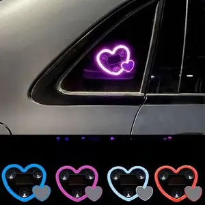 Solar Power Vehicle LED Christmas Lights Double Heart-Shaped Neon Light on Car Window Decoration for Car Interior Funny Ambience Light Wireless with 1 Suction Cup