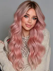 28" Pink Synthetic Wig with Black Top - Long Curly Colorful Wig for Women, Perfect for Daily Wear, Parties, Music Festivals, Carnivals & Cosplay, Loose Wave Wigs, Synthetic Material Wigs