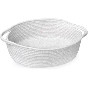 Small White Woven Basket – 13” x 9” x 5” Cotton Rope Gift Basket – Empty Decorative Basket with Handles for Baby Nursery, Cat & Dog Toys, Easter Gifts, or Wicker-Style Storage Bin