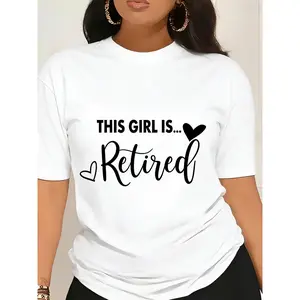 Women's Retirement Celebration T-Shirt - This is Retired Graphic with Heart Design, Black & White Casual Crew Neck Short Sleeve Top, Machine Washable Comfort Fit for Spring & Summer, Leisure Clothing, Relaxed Fit Tee, Quality Fabric