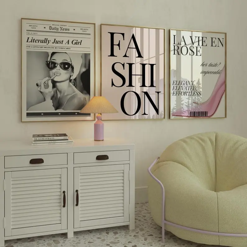 Set of 3 Pink Fashion Posters Girly Printable Wall Art Bundle Stockholm Style Room Decor