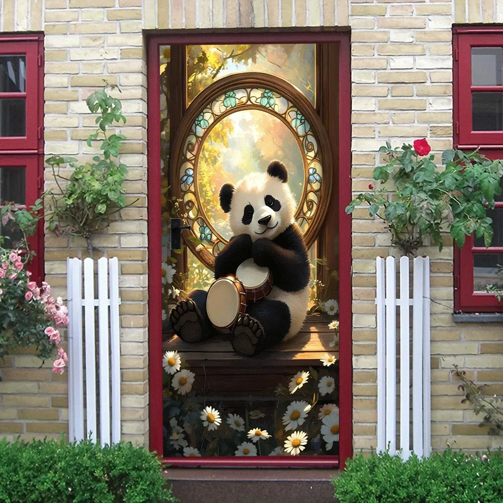2pcs Cute Panda Drumming Wall Sticker Cartoon Decorative Decal for Kids Room Bedroom Self Adhesive Removable Glass Door Sticker Kindergarten Classroom Decoration Paste Warm Home Wall Decor Art