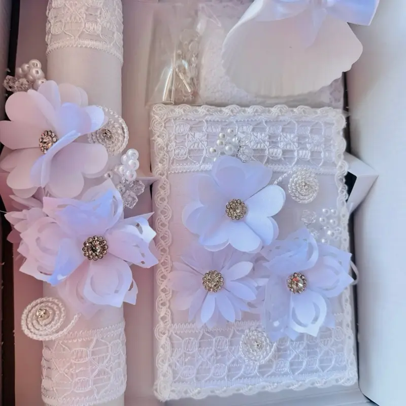 Traditional Baptism Candle Set - 8in Candle, Rosary, New Testament, Decorative Elements in Themed Box, Religious Gifts, Child Ceremony Decorative Item for Boys & Girls (English, Spanish, White, Gift Boxed)