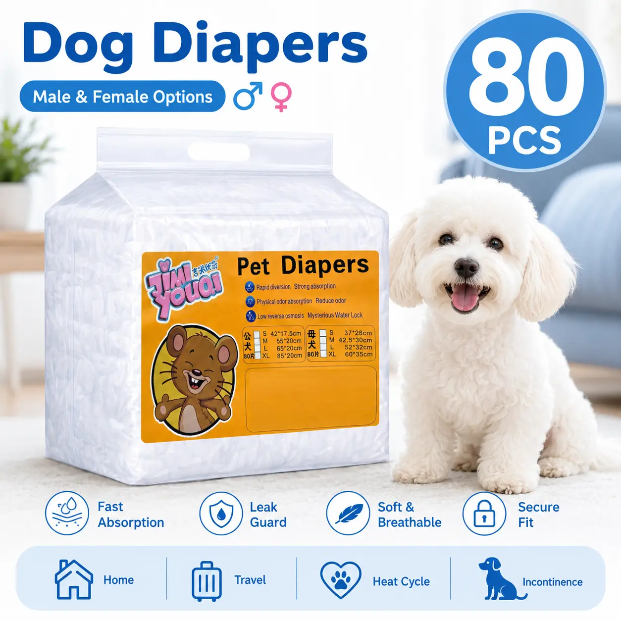 80PCS Waterproof Pet Diaper Leak-proof Design Menstrual Shorts Disposable Puppy Diaper Pants Adjustable Pet Male Dog Diapers wetness indicator S/M/L/XL