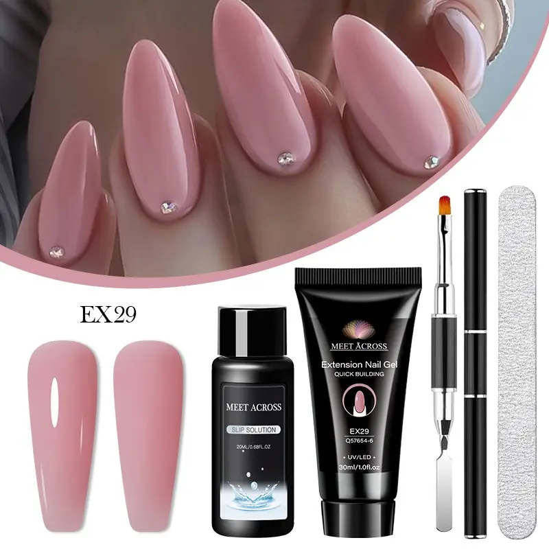 MEET ACROSS 4pcs Poly Extension Nail Gel Set Quick Hard Nails Extension Gel Clear Nail Polish for Home DIY Nail Art, Includes Gel Slip Solution Nail Brush Smooth Nail File, Manicure Gel Polish Kit