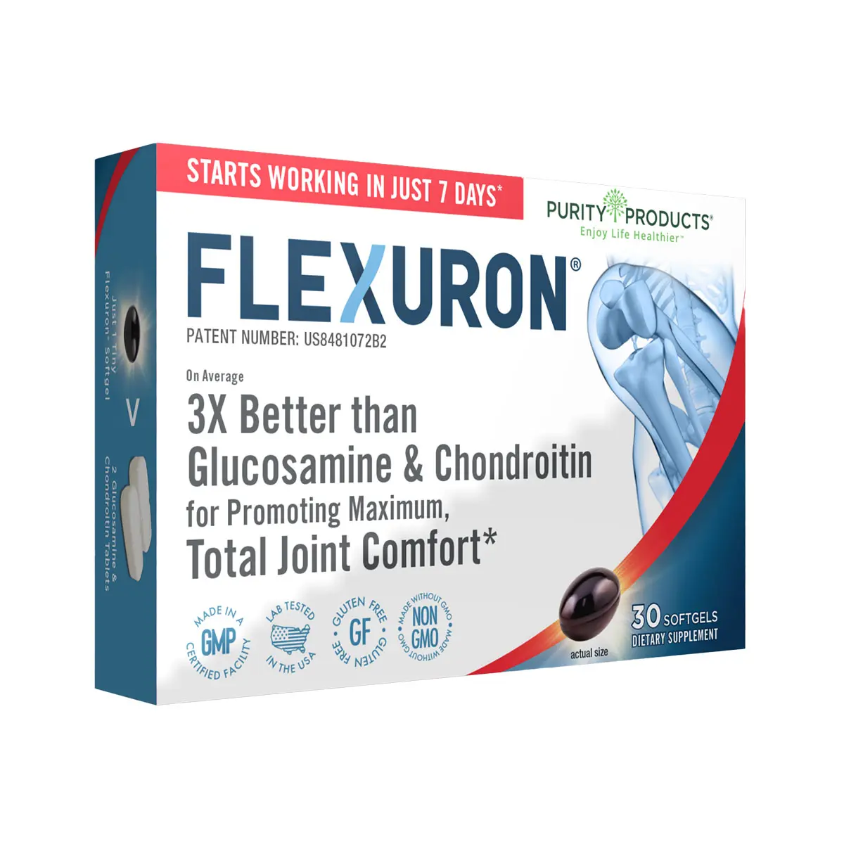 PURITY PRODUCTS Flexuron Joint Support Softgels - 3X Better Than Glucosamine & Chondroitin, US Patented Formula, Starts Working in 7 Days, 30 Count for Total Joint Comfort