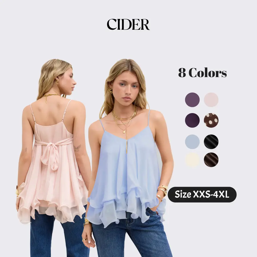 Cider Ruffle Knotted Cami Top – Flattering Layered Mesh Tank for Women, Conceals Bra Side, Soft Summer Top for Date Night & Beach Camisole Womenswear