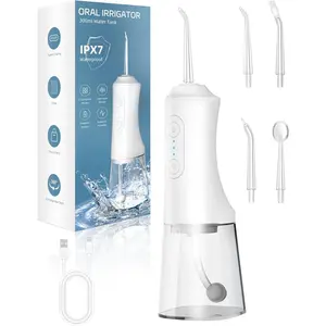 Water Flosser, Water Dental Flosser Pick for Teeth, 300ML IPX7 Waterproof Oral Irrigator, 3 Modes 4 Replaceable Jet Tips, Professional Flossing Cleaning Picks for Home Travel Gums (White)