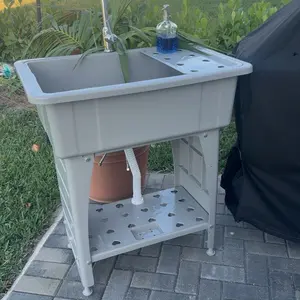 24"D x 40"W x 36"H Multi-functional Washing Sink Laundry Basin with Faucet & Shelf Plastic & Metal Feet for Laundry Room Garage Utility Sink with Drainboard Movable Storage Shelf