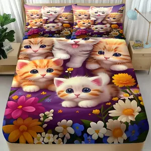 Flower Land Cute Cat Fresh Healing Fitted Sheet Set 3 Pcs (1 Fitted Sheet + 2 Pillowcases No Filler) Features Soft Printing and Skin-friendly Fit Fabric with Flower Cat Pattern, Ideal for Cat Lovers, Spring Users and Cozy Users, Fits Bedrooms, Kids' Rooms