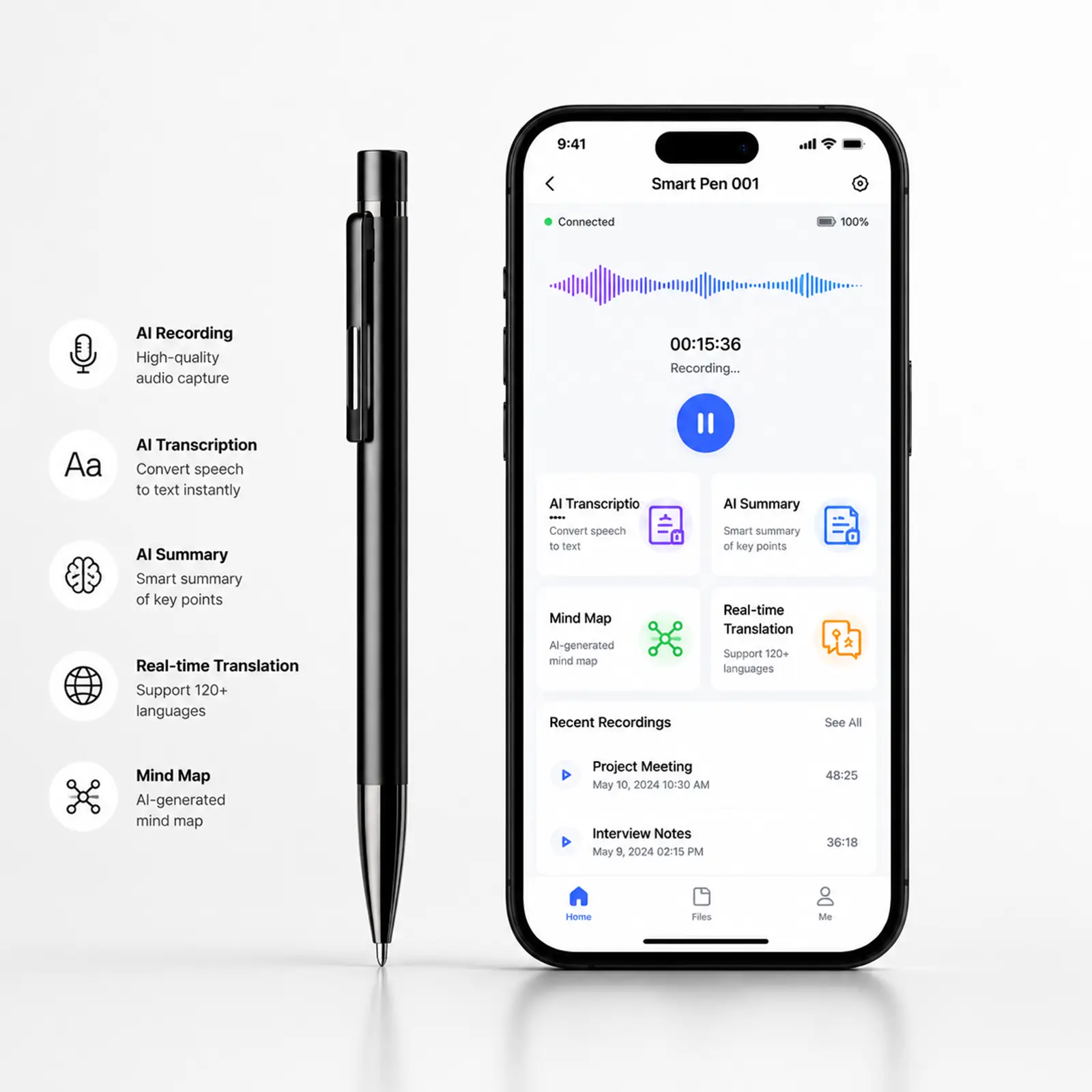 AI Voice Recorder Pen, Pen-Type Audio Recording Device, Digital Dictaphone with AI Transcription and Summary, 120+ Languages Translation, NO Monthly Software Payment, Portable Smart Voice Note-Taking Pen for Office Meeting Lecture College, 32GB