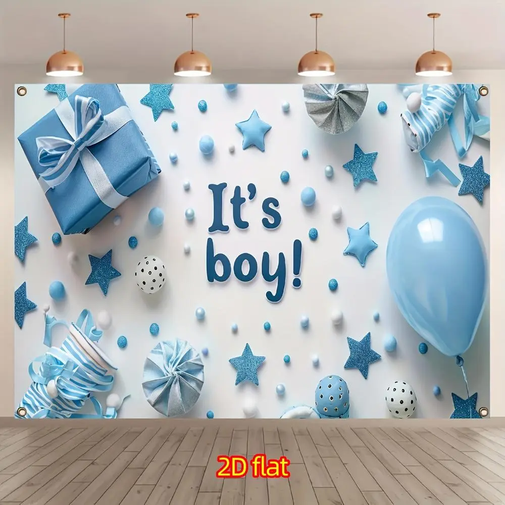 2D Flat, 2D Door Banner, 2D Flat Banner, Party Banner, Blue Stars Scattered on The Ground, Beautiful Gift Balloons, Cute And Warm, Polyester Material, Bright Colors, Extra-Large Outdoor Garage White