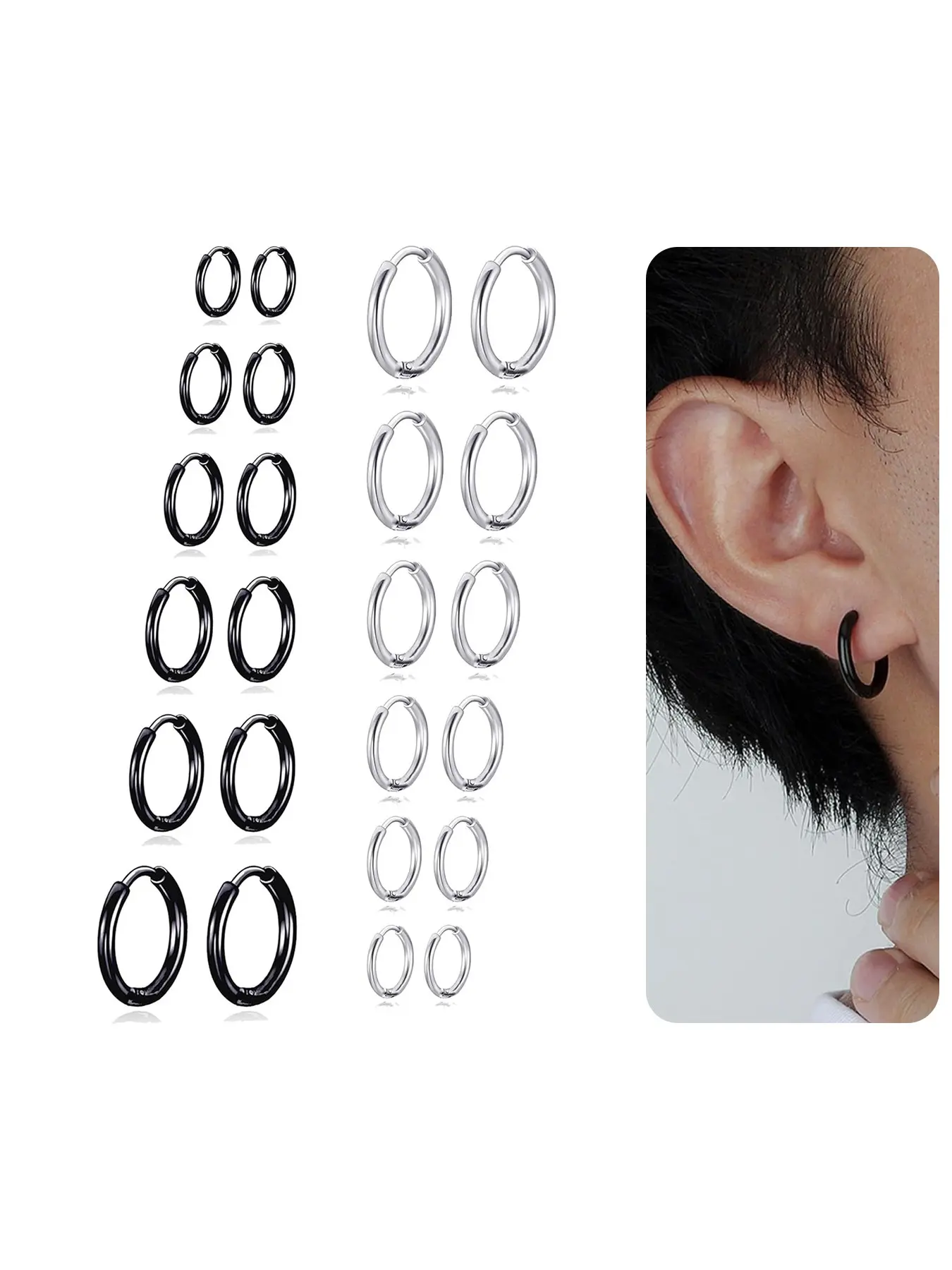 12 Pairs Earring Set Stainless Steel Huggie Earring Sets Hoop Shape Earrings Black Gold Silver Cartilage Piercings Earrings Tiny Small Hoop Earrings Versatile Earrings for Women Men 6/8/10/12/14/16mm Earring Pack Earrings Hoops