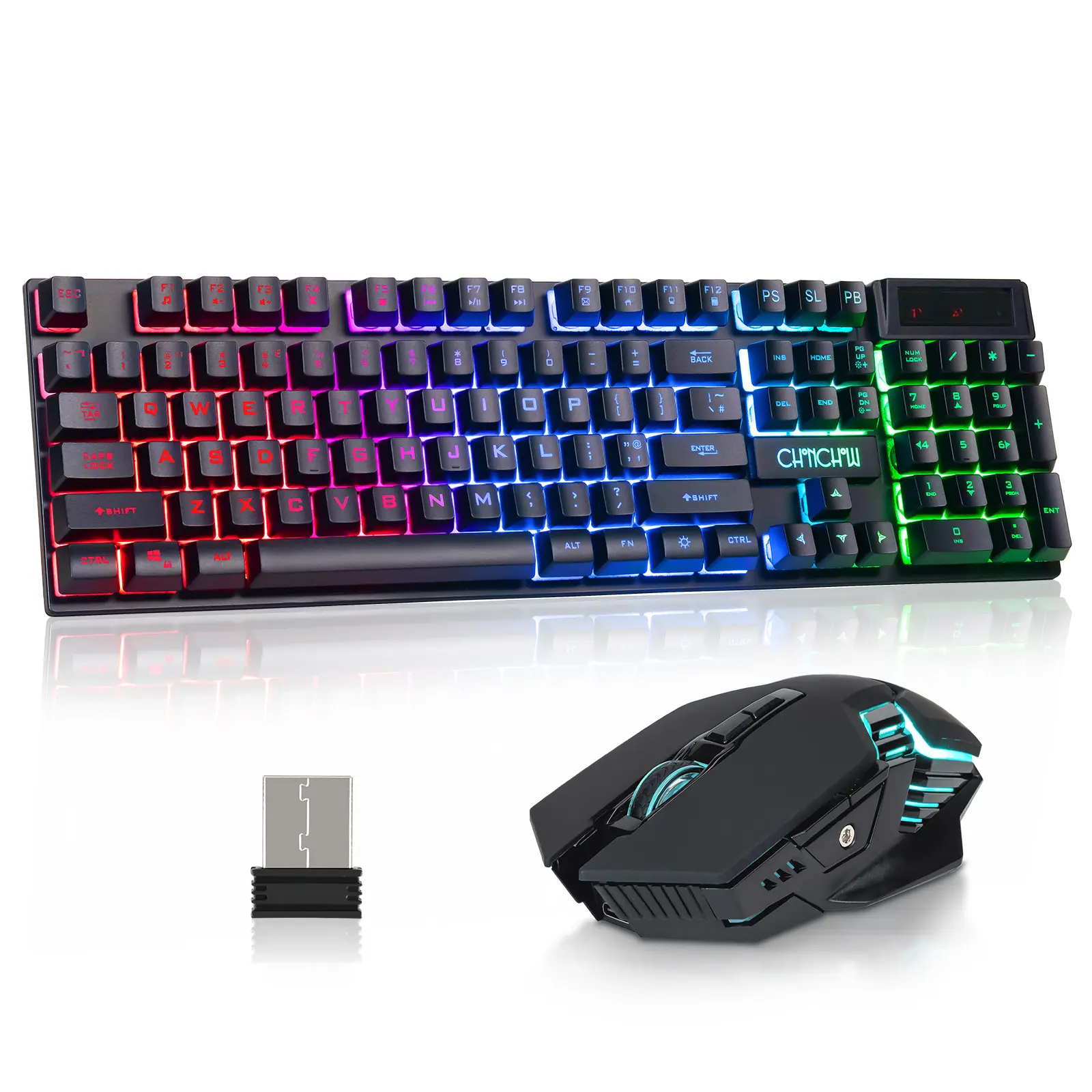 CHONCHOW Wireless Gaming Keyboard and Mouse Combo Pack - 104-Keys ABS Anti-Ghosting Ergonomic Mechanical Feeling Backlit Keyboard, 3 Brightness & Breathing Speeds, 2500mAh Rechargeable Battery, 10-Meter Effective Distance; 7D 3600DPI LED Mouse for Laptops