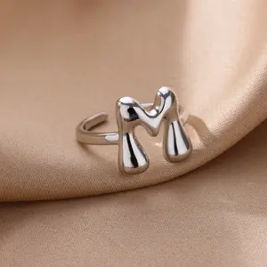 TopJewe - Stainless Steel Sliver Color Bubble Letter Rings For Women Chunky Initial Ring Alphabet Aesthetic Fashion Jewelry Wedding Gift