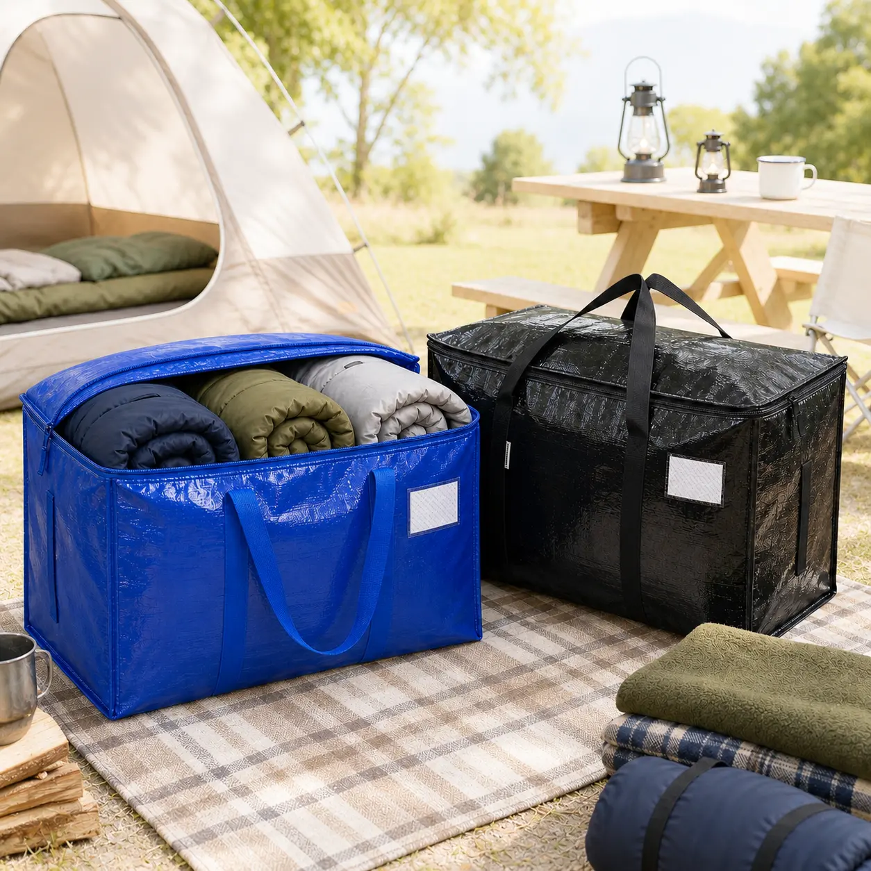 6-Pack Extra Large Heavy-Duty Camping Moving Totes with Zippers, Strong Wraparound Handles and Clear Tag Pocket, Label Pocket, Water-Proof Foldable Reusable Storage Bags for Clothes, Apartment Moving, Travel and Home Organization