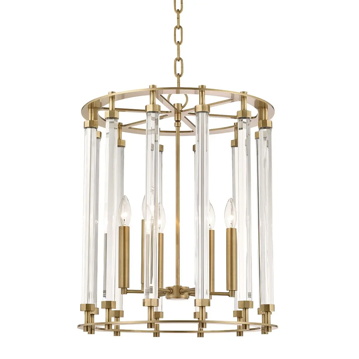 Haddon 6-Light Hanging Lantern with Open Cagework and Banded Tubular Crystal Accents in Aged Brass