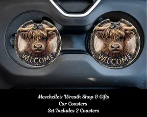 Highland Cow Car Coasters, 2-Piece Neoprene/Ceramic Vehicle Accessory, Stylish Functional Cup Holder Protector, Car Interior Dashboard Decor