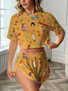 Women's 2-Piece Sleepwear Loungewear Set, Bunny Head Hoodie & Burger Print Tee, Casual Comfortable Round Neck Short Sleeve Pajamas