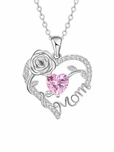 Heart Rose Mom Pendant Necklace, Love Heart Necklace, Mom Necklace for Mama Aunt Nana Grandma Birthday Mother's Day Jewelry Gift