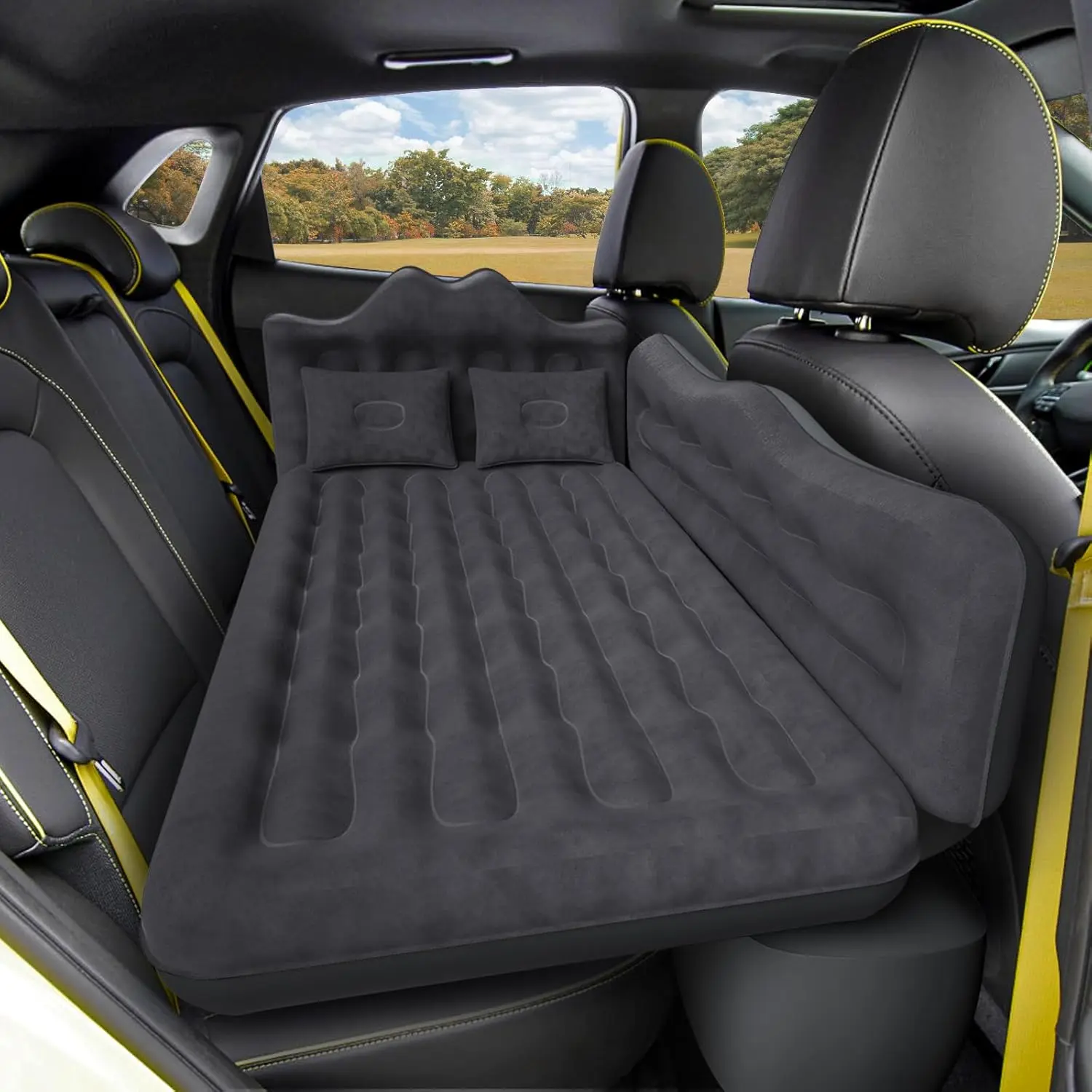 Car Inflatable Airbed Camping Equipment - Back Seat Air Mattress with Upgraded Wear-Resistant Pongee Bottom, Portable Inflatable Sleeping Mats, 2 Pillows & Air Pump, Fits Sedan/Truck/SUV