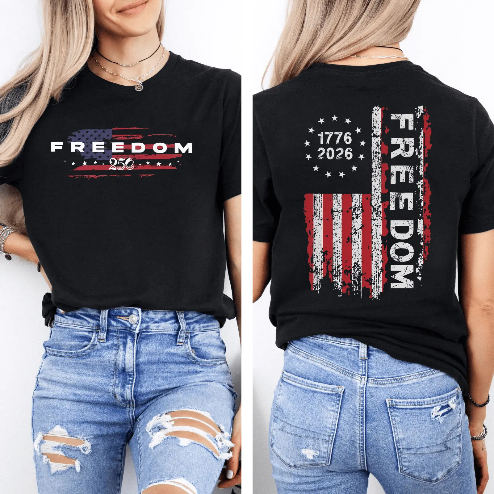 Freedom 1776-2026 Casual T Shirt - Patriotic USA Flag Vintage Distressed Bold Graphic Tee, 250 Years of Freedom, Front & Back Print, Soft Unisex Fit Sports Top