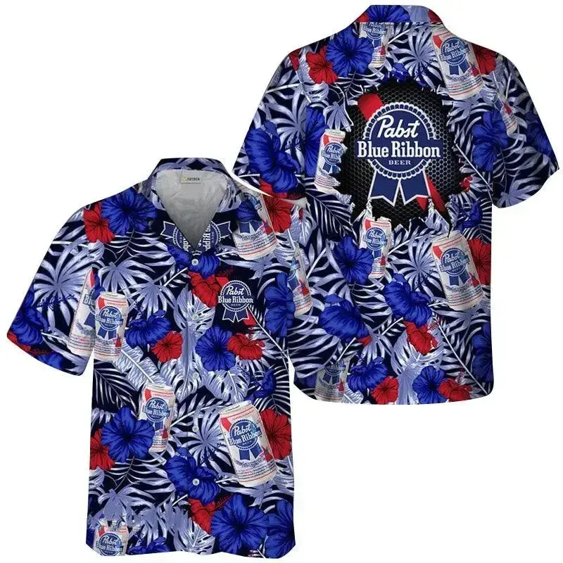 Pabst Blue Ribbon Floral Hawaiian Shirt, Beer Tropical Button Down Shirt, Summer Aloha Shirt, Gift for Girlfriend or Boyfriend