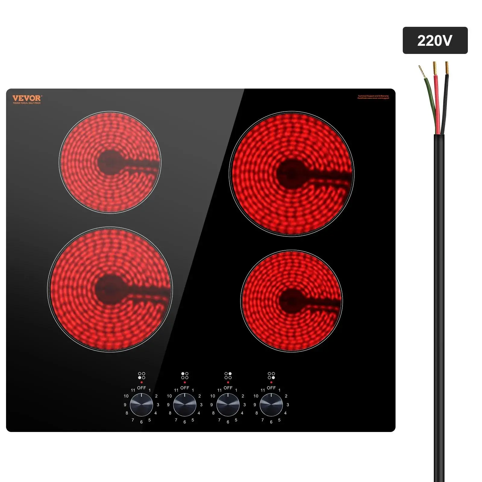 【Summerfinds】VEVOR Electric Cooktop,  24 inch 4 Burners Built-in Electric Stove Top, 6000W Ceramic Top Radiant Cooktop, with Glass Panel, Knob Control, 11 Heat Levels, 220-240V, Hard Wire (No Plug)