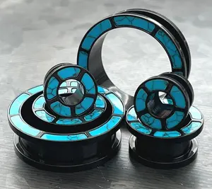 PAIR of Stunning Turquoise Rimmed Black Screw Fit Tunnels/Plugs - Gauges 0g (8mm) thru 1" (25mm)